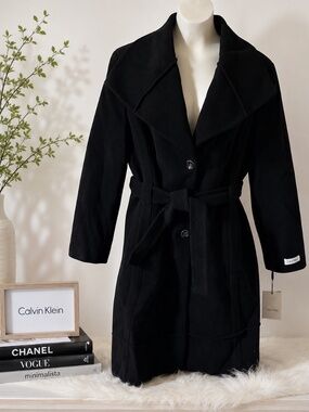 Vintage Calvin Klein Black Wool Blend Belted Coat 16 NWT